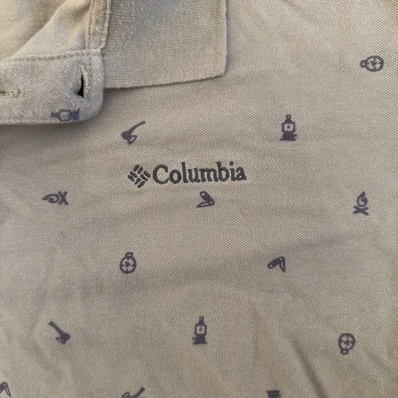 Columbia Highline Peak Polo Shirt Taupe Axe Fire Camping Print S/S Sz XXL 2XL - Picture 4 of 5